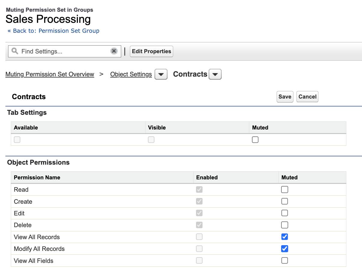 Screenshot depicting the muting permission set’s page for Contracts object settings. The View All Records and Modify All Records object permissions are muted using the checkboxes.