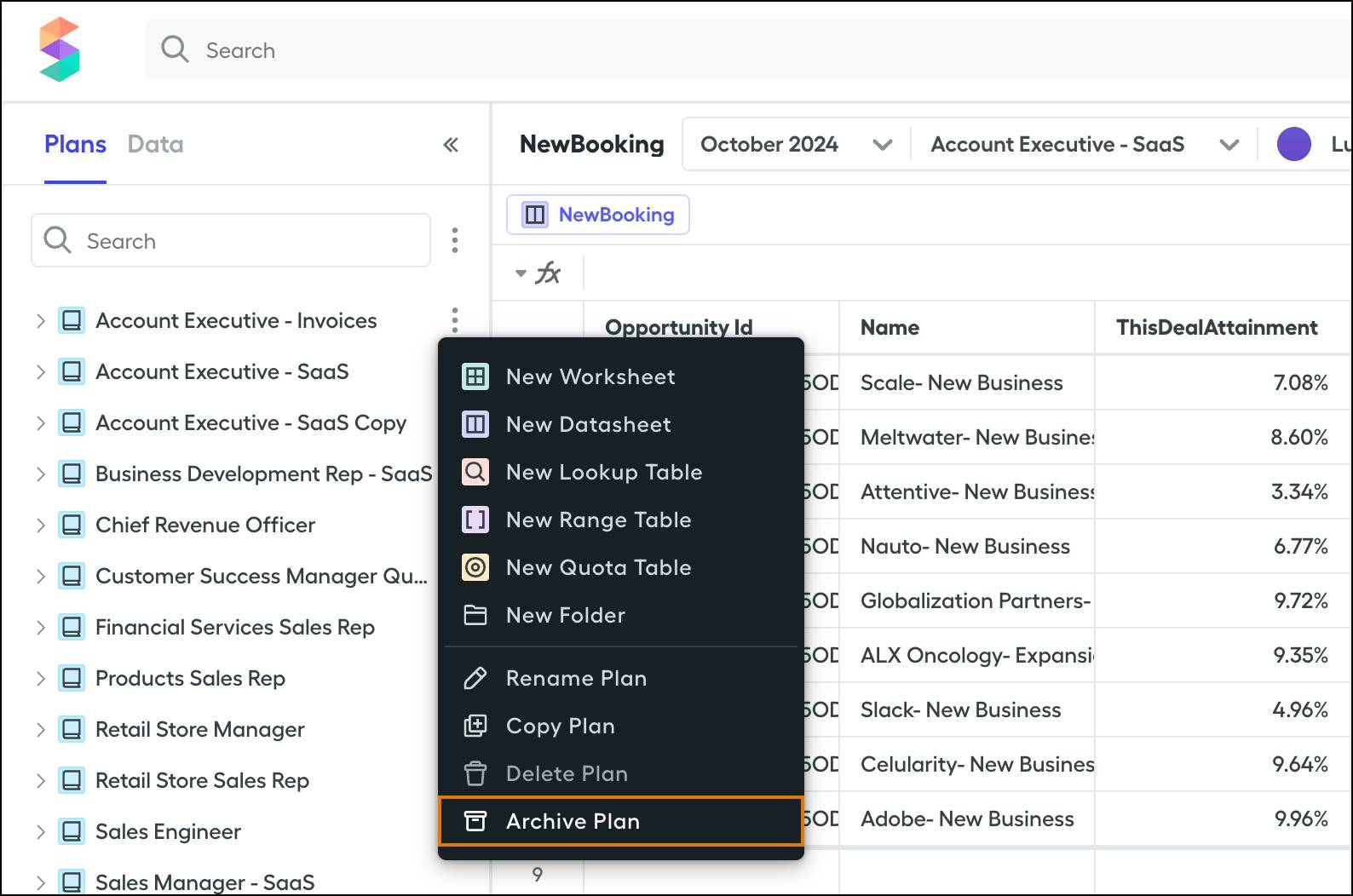The Plans tab with the Archive Plan option highlighted.
