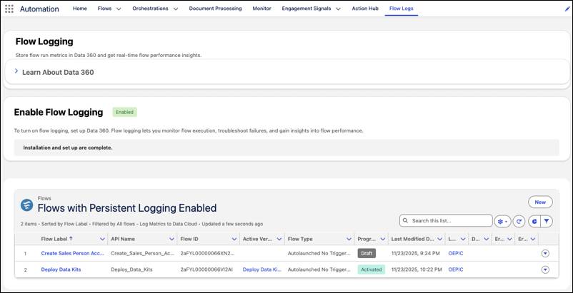Flow Logging interface displaying two flows with persistent logging enabled.
