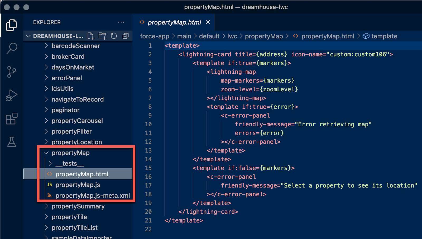 Code Builder code showing the propertyMap.html file.