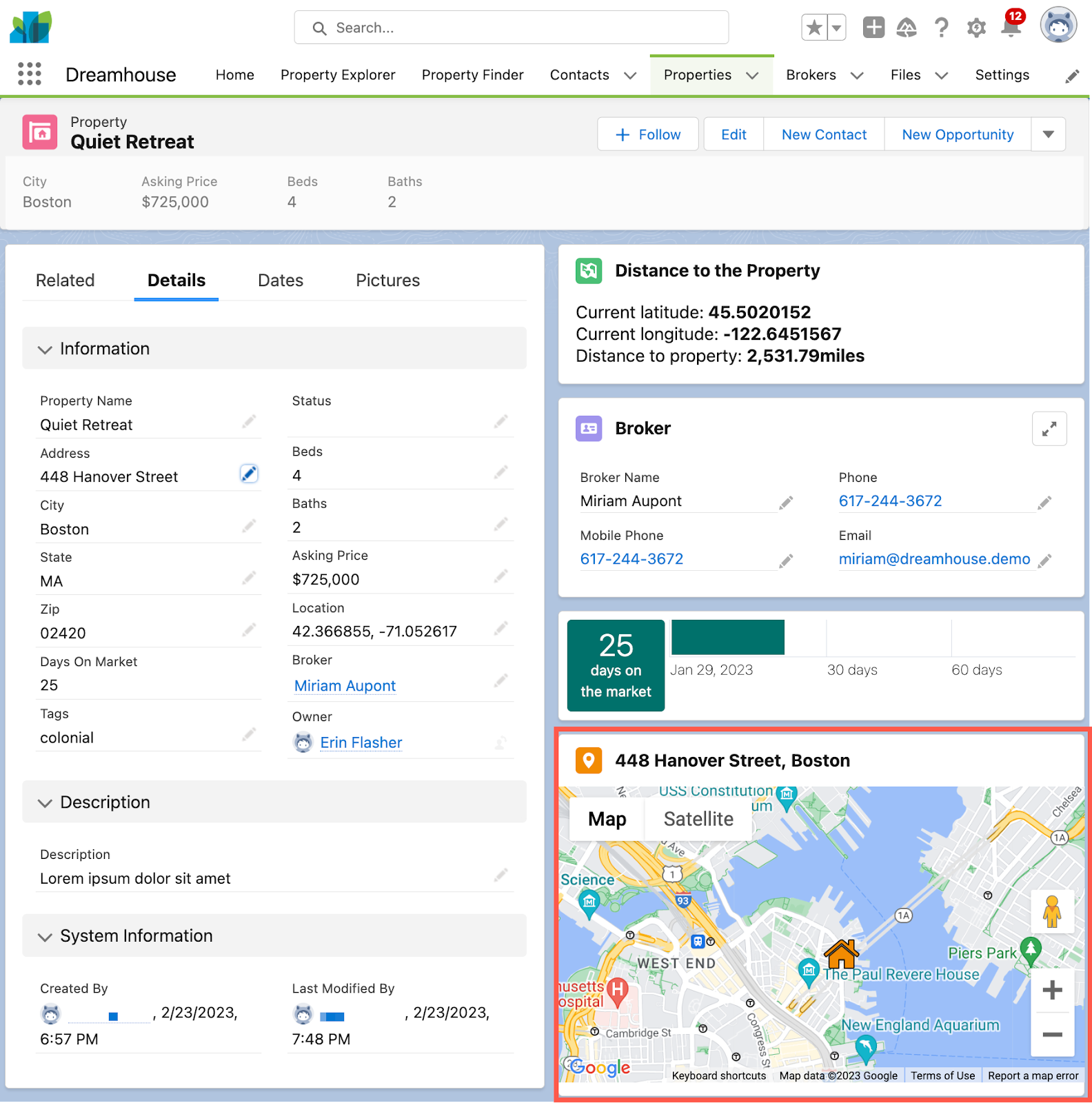 Dreamhouse 应用程序的 Properties(房产)选项卡,使用地图 Lightning web 组件显示了一条房产记录。