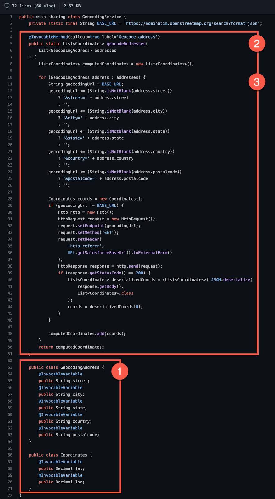 显示 Apex 调用流操作位置的 Apex 代码。
