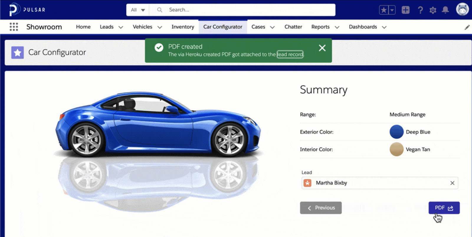 L’interface Car Configurator (Configurateur de voiture) de l’exemple d’application eCars.