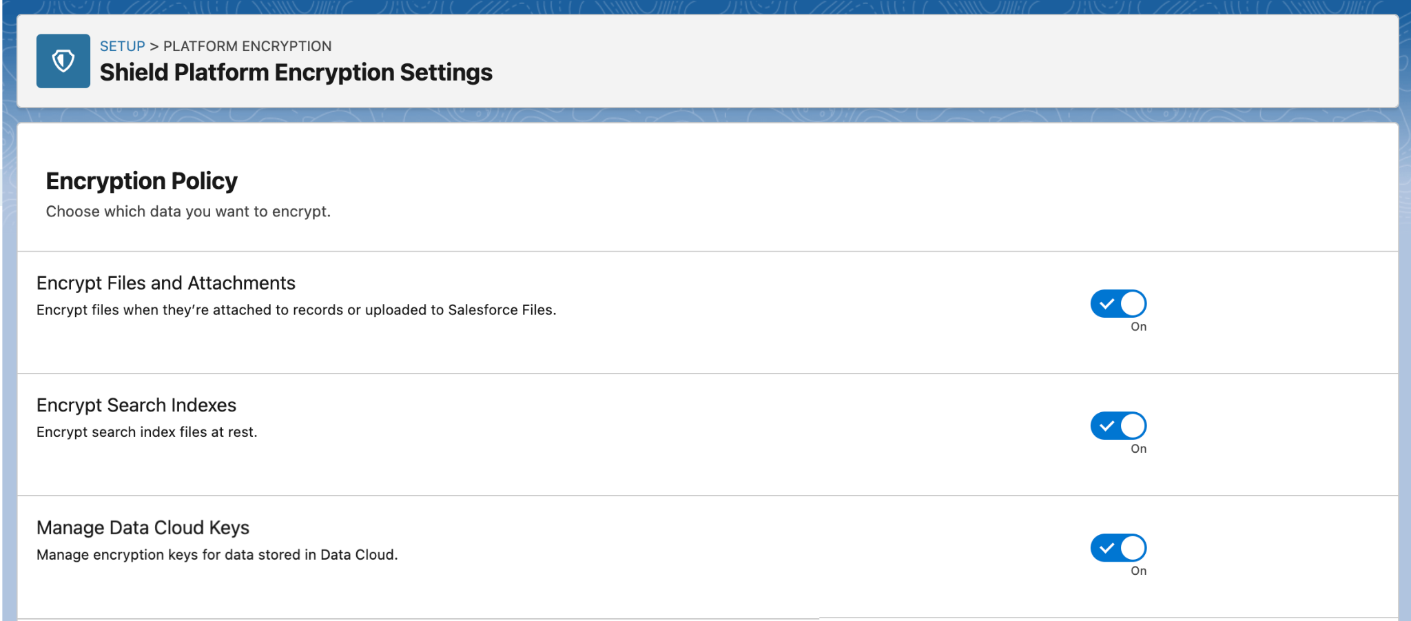 Encryption Policy Page showing Manage Data Cloud Keys toggle.
