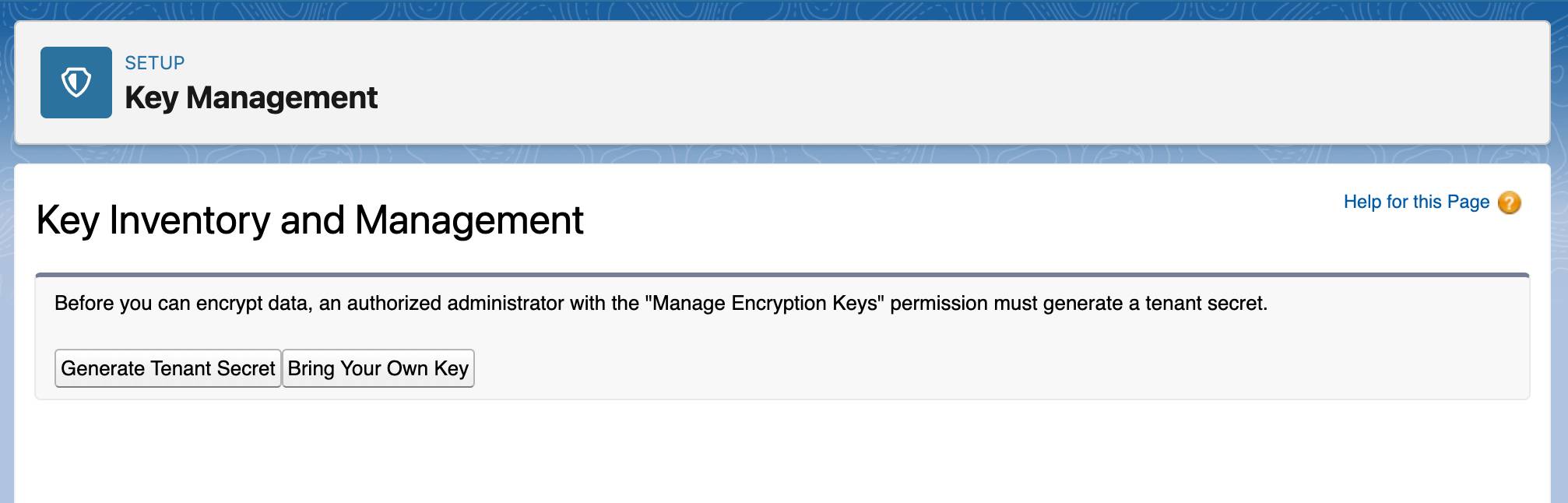 Key Management Page with no tenant secrets created yet.