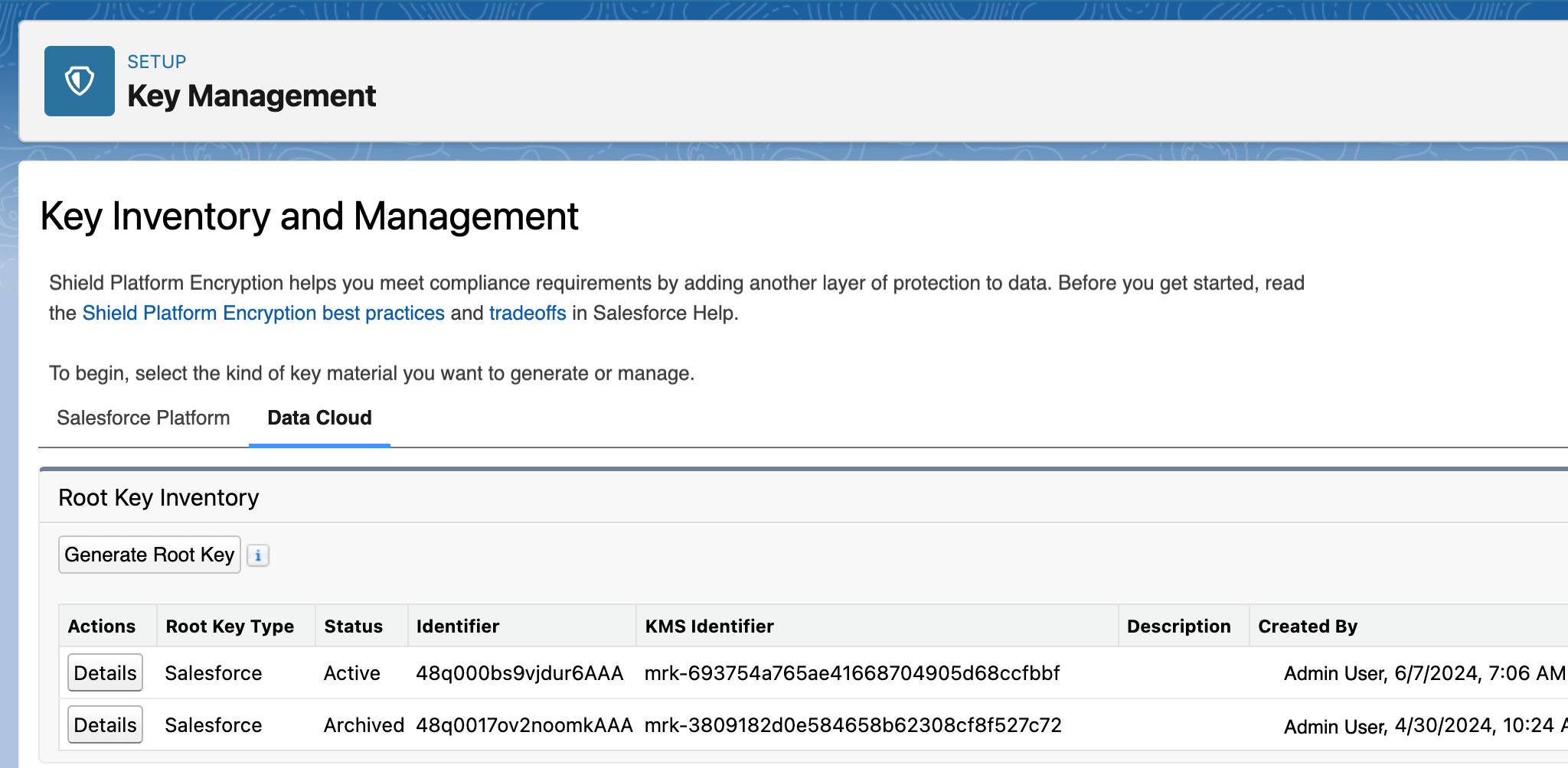 Key Inventory and Management Page showing Data Cloud root keys.
