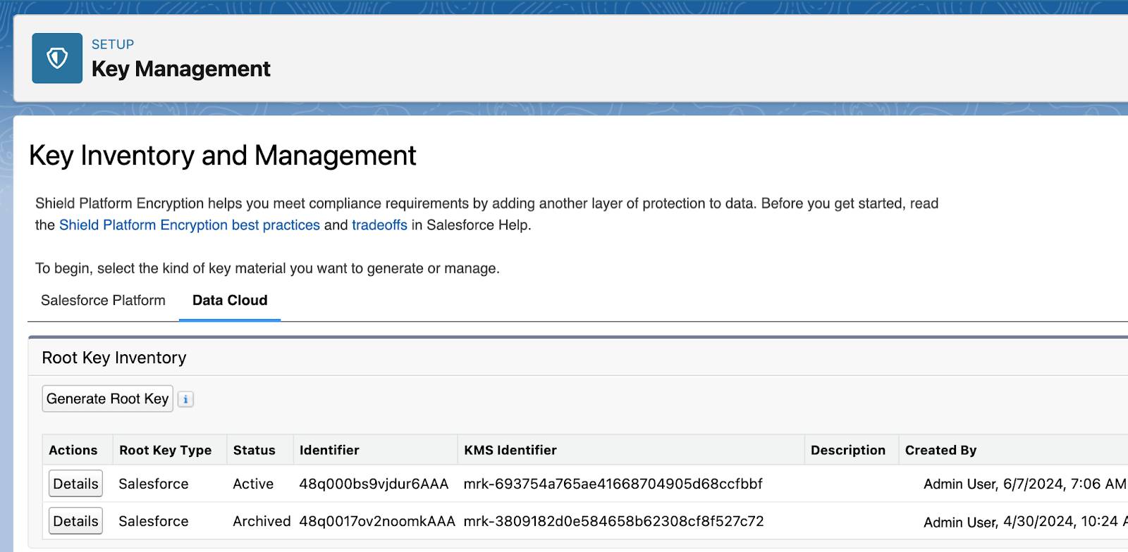 Data Cloud のルート鍵が表示されている [Key Inventory and Management (鍵インベントリと管理)] ページ。