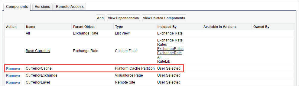 Uma lista de componentes do pacote que inclui uma partição de cache