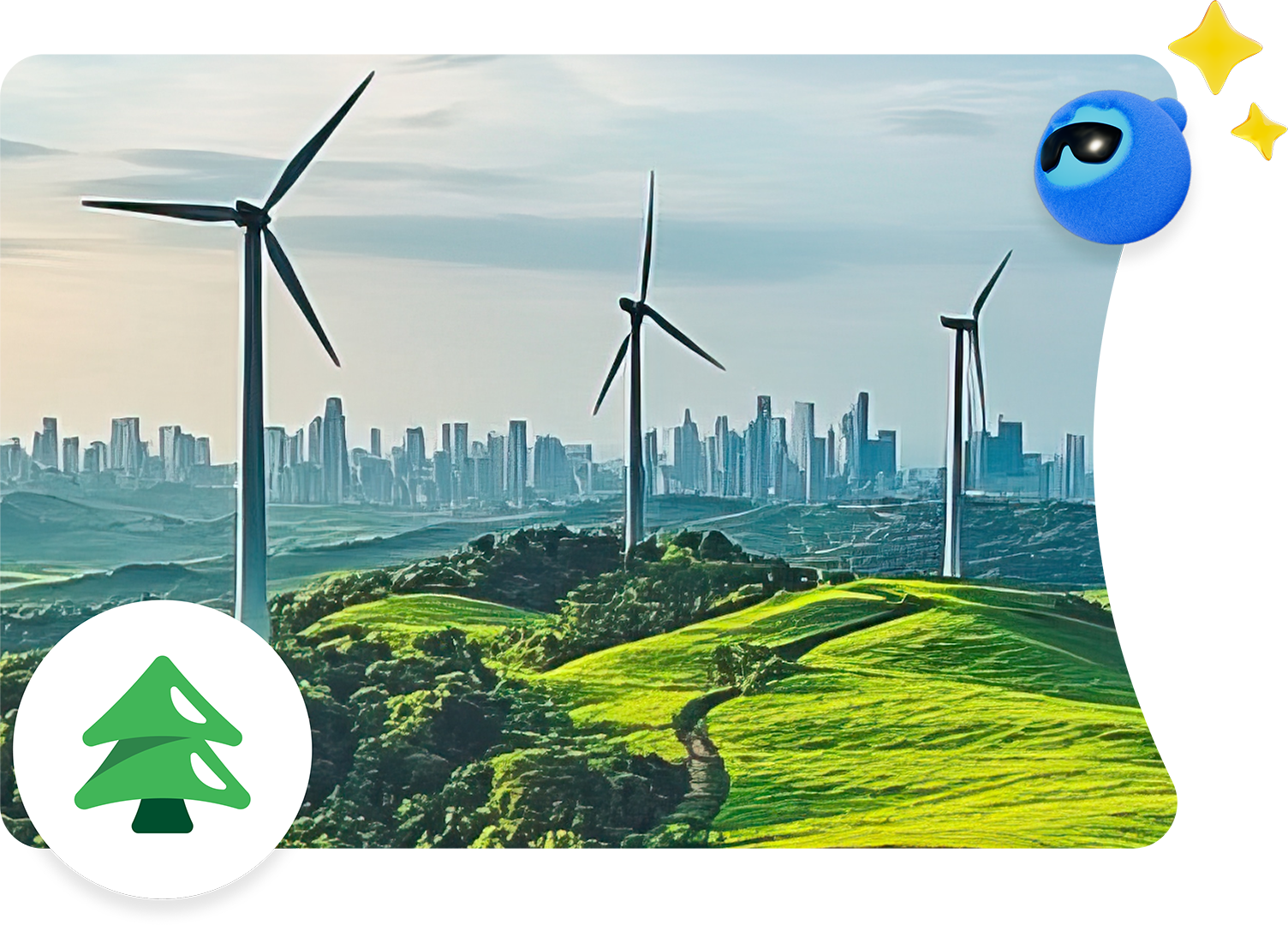 This image features three large wind turbines situated on vibrant green hills, with a city skyline visible in the distance.