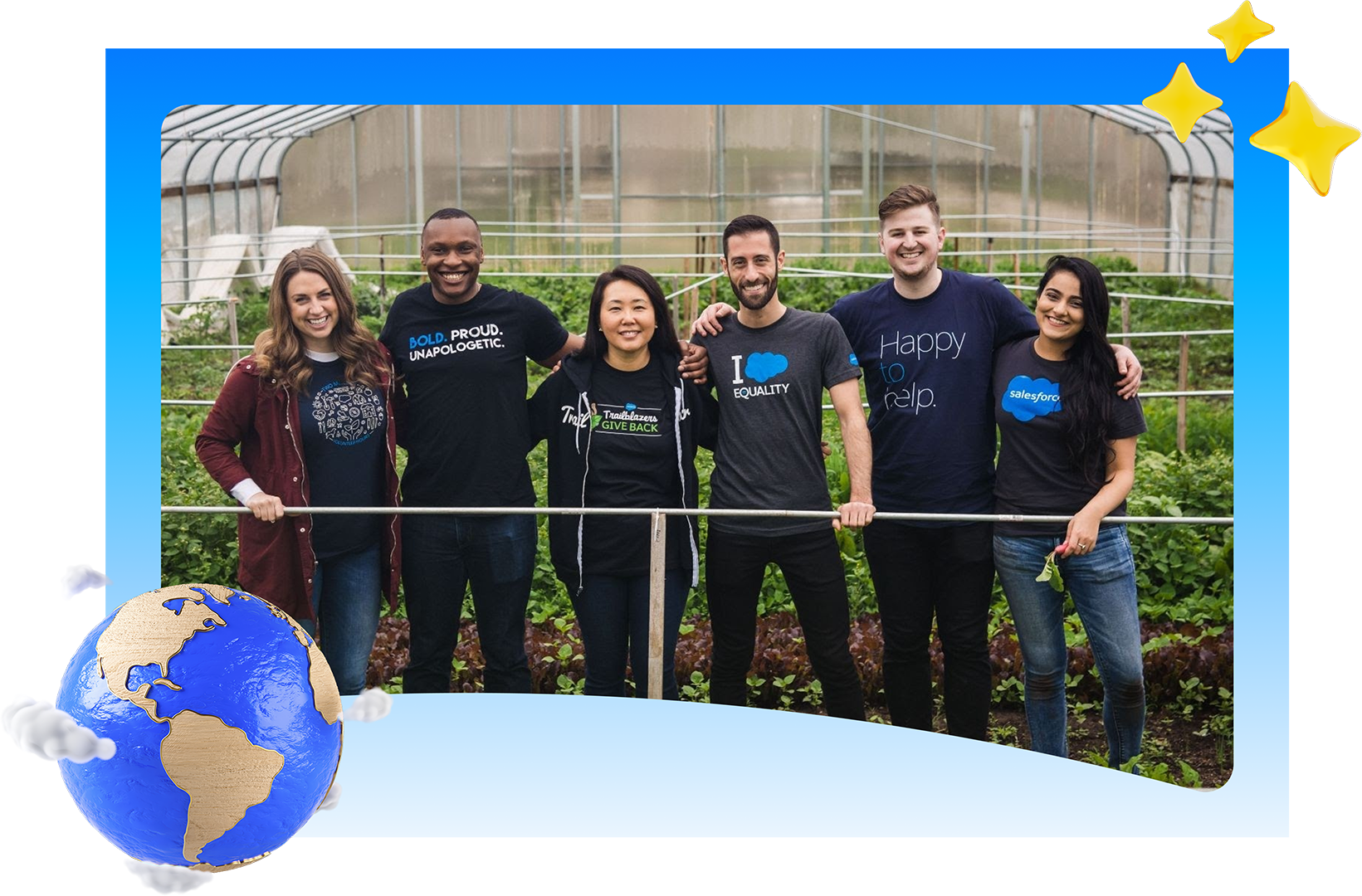 Salesforce volunteers standing in a greenhouse.