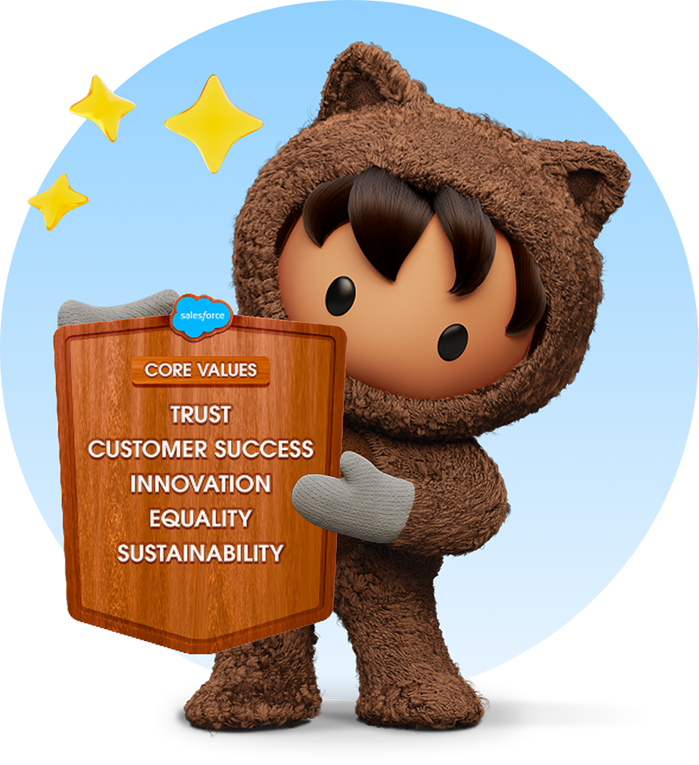 The image features the Salesforce character, Astro, holding a wooden shield that lists the company's core values: Trust, Customer Success, Innovation, Equality, and Sustainability.