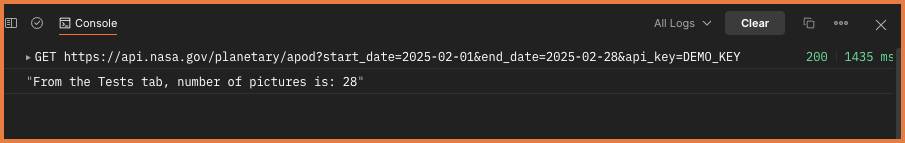 Console statement “From the Tests tab, number of pictures is: 28”