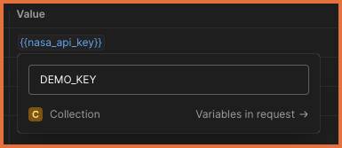 {{nasa_api_key}} is hovered over and the variable details are showing