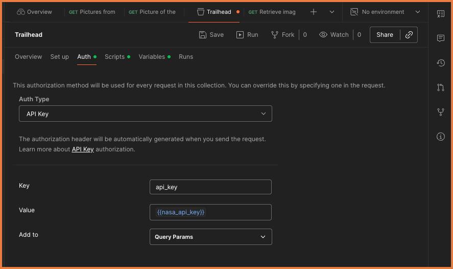 Auth tab open and the Auth Type, Key, Value, and Add to settings entered as described above