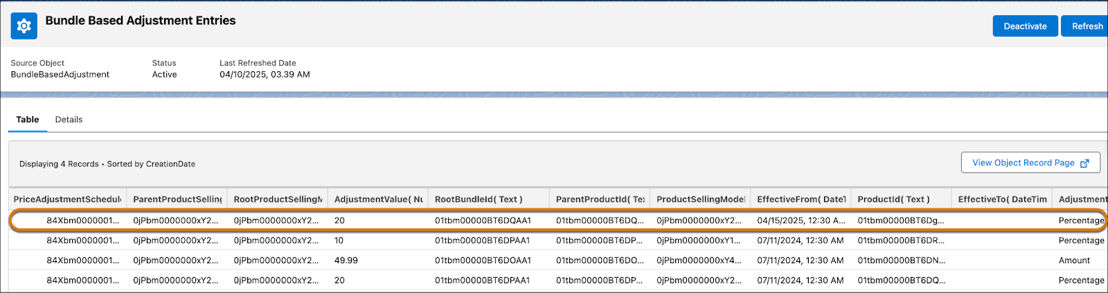 Bundle Based Adjustment Entries table.