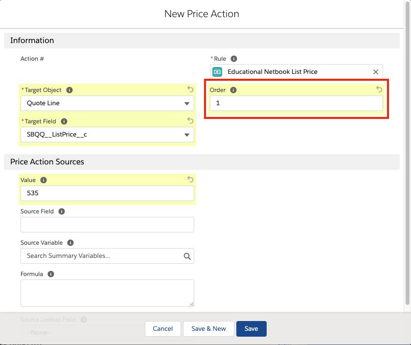 Price action record with the Order field highlighted.