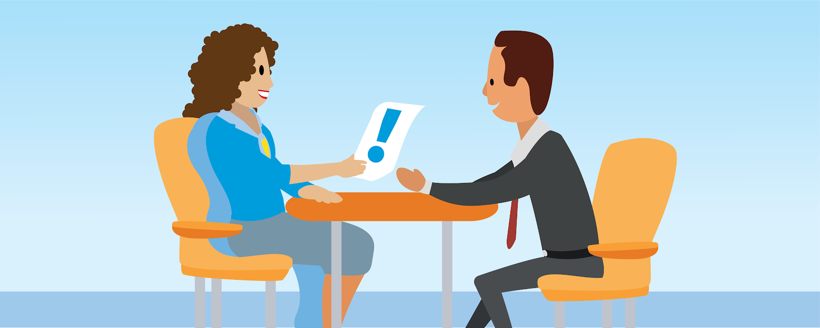 Illustration d’une femme assise à un bureau face à un homme en costume.
