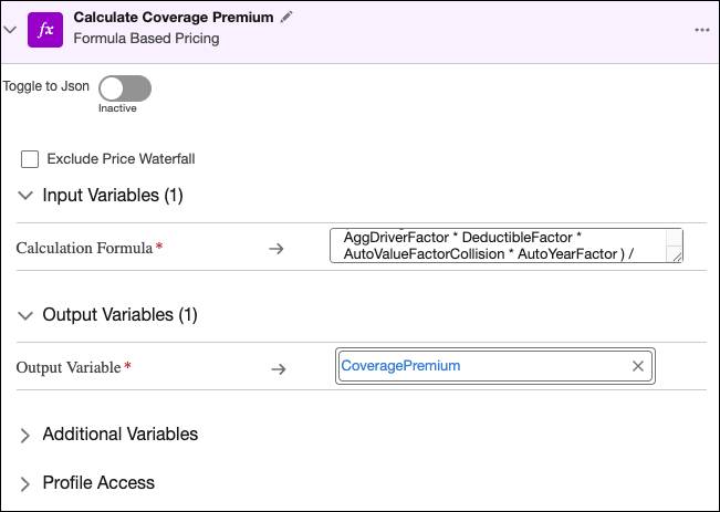 Formula Based Pricing step calculating Coverage Premium using input factors and conditions.