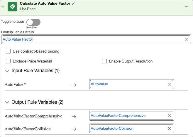 List Price step retrieves Collision and Comprehensive factors based on AutoValue variable.