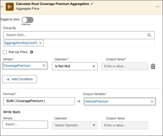 Aggregate Price step that calculates the Vehicle Premium from coverage premiums.