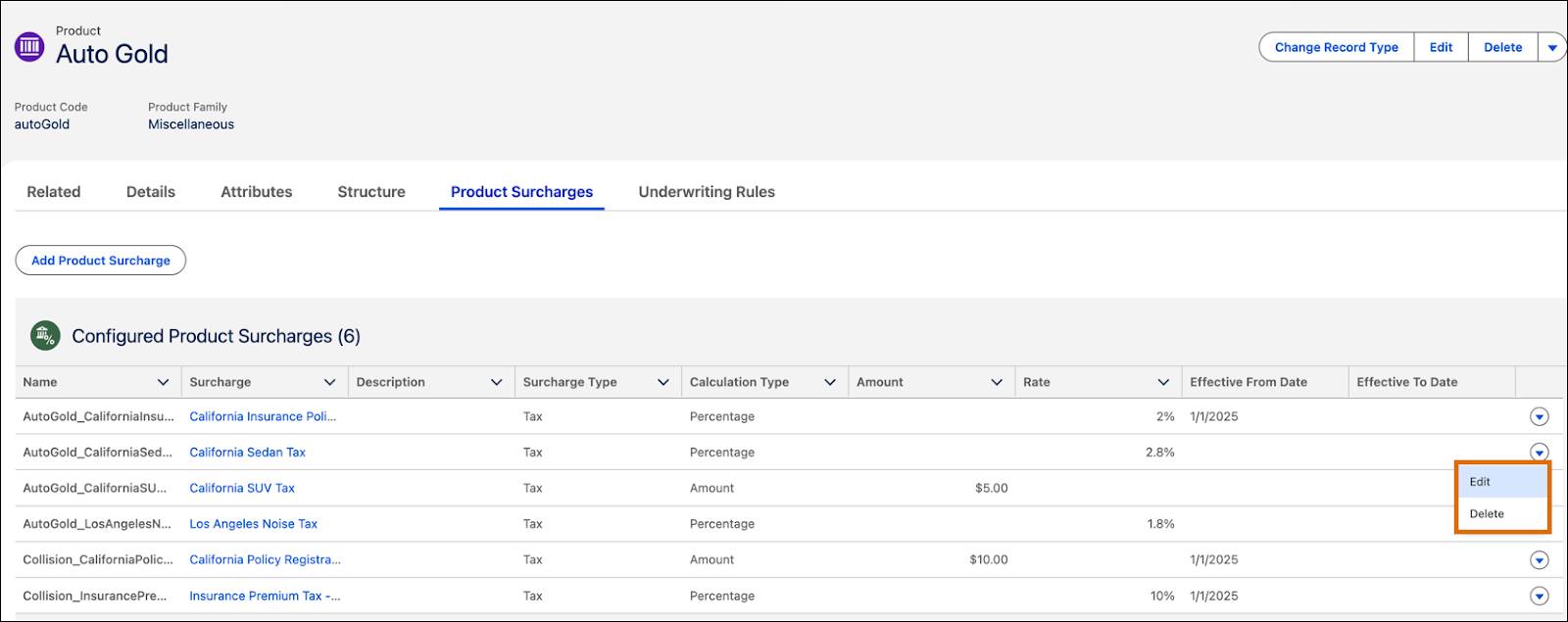 Surcharges tab with Edit button on SUV tax highlighted.