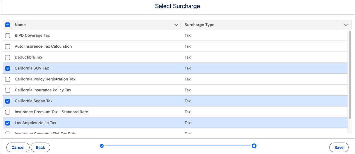 適切な税金が選択された [Select Surcharge (追加徴収金を選択)] 画面。