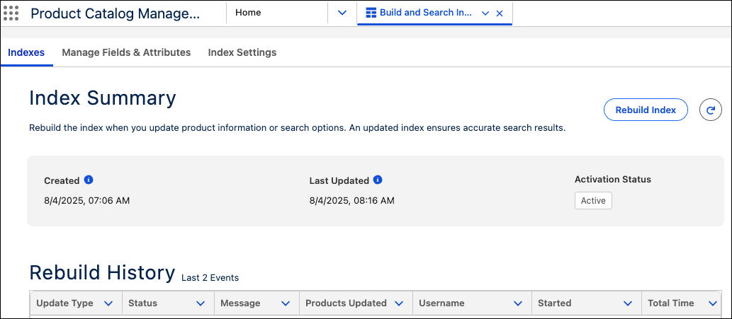 Build and Search Index settings page.