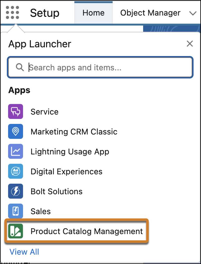 [Product Catalog Management (商品カタログ管理)] が強調表示されているアプリケーションランチャー。