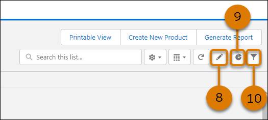 List view controls, display setting, and filter list buttons on Product Designer header.