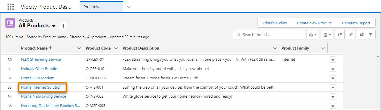 The All Products list with Home Internet Solution product highlighted.