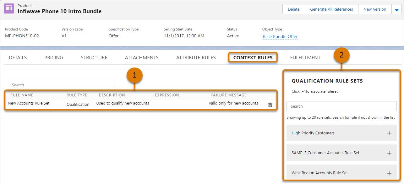The Context Rules tab with a New Accounts Rule Set, and Qualification Rule Sets pane with available rule sets.