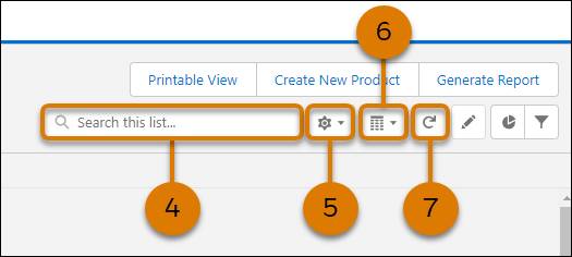 Search bar, list view controls, display format, and refresh buttons on Product Designer header.