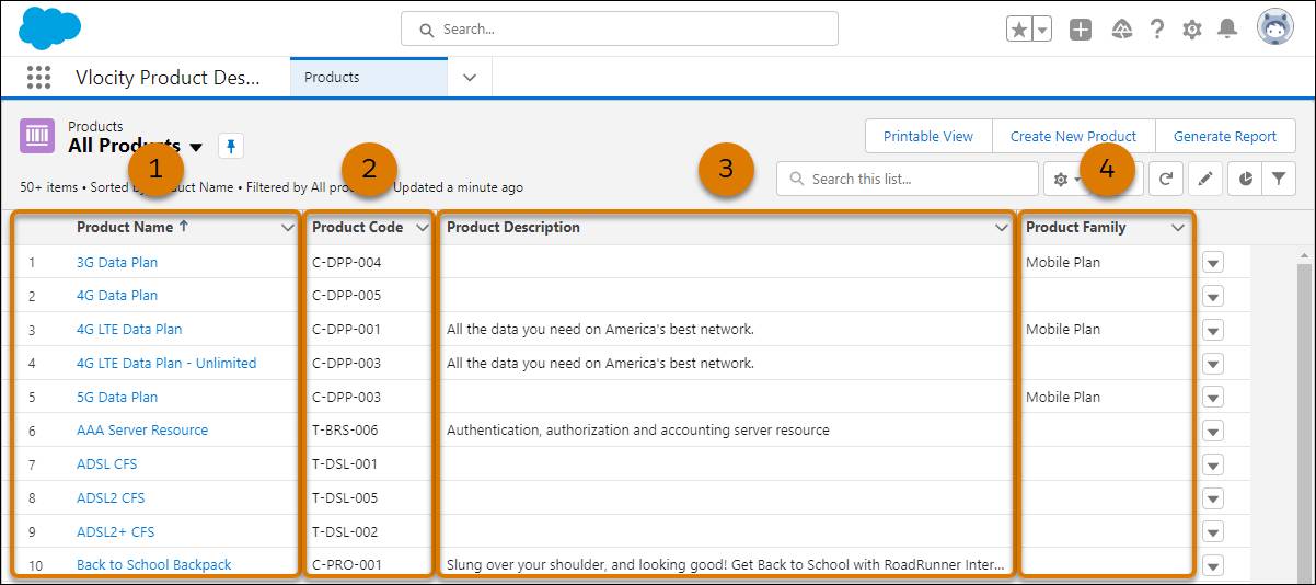 The Product Name, Product Code, Product Description, and Product Family columns in product list view.