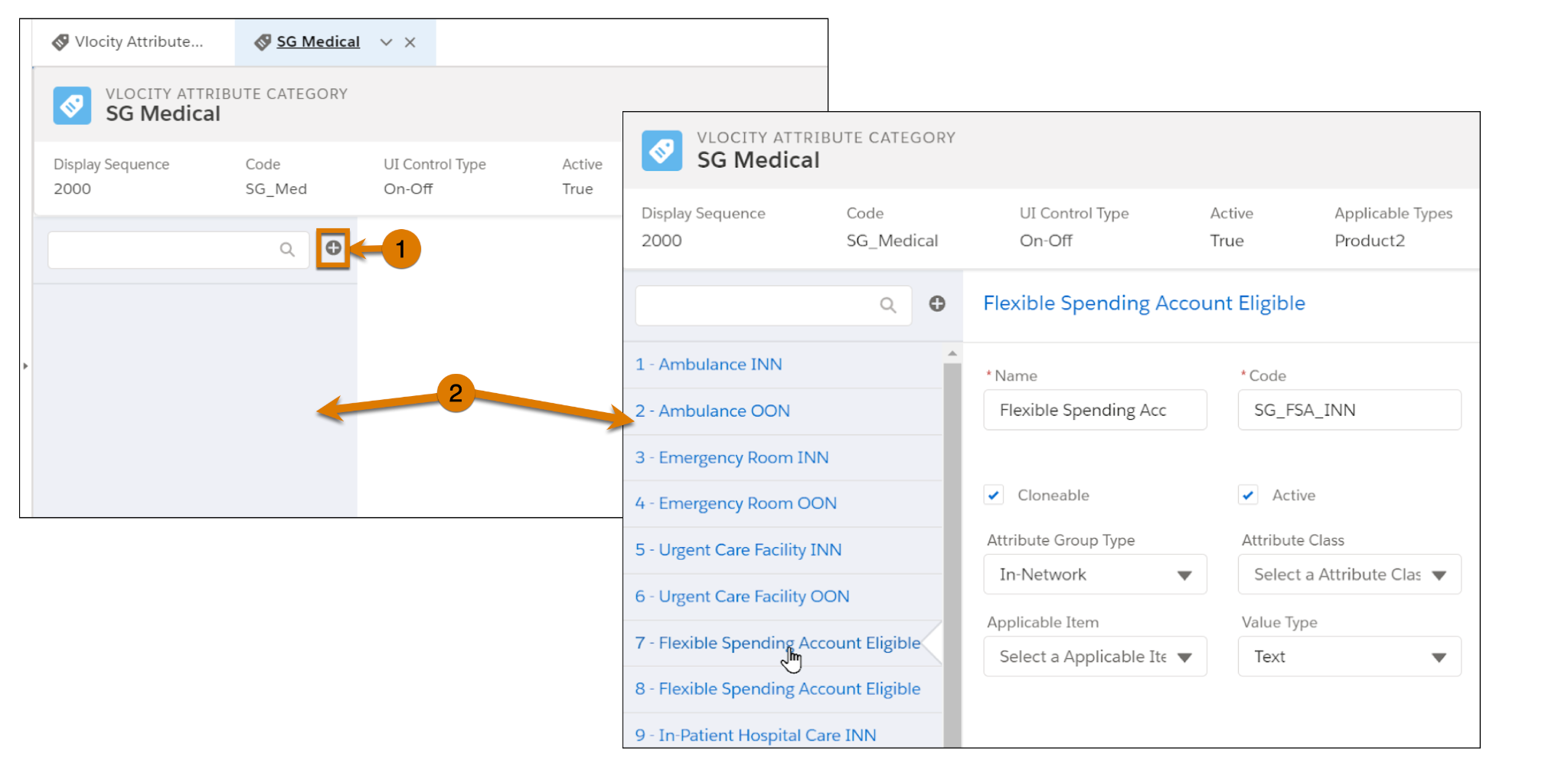 The Vlocity Attribute Designer page before and after selecting Add New Attribute.