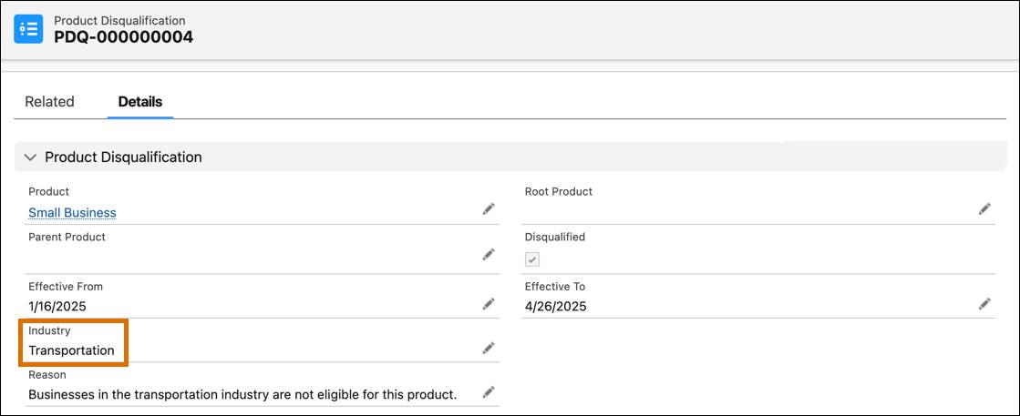 Product Disqualification record for Small Business with industry highlighted.