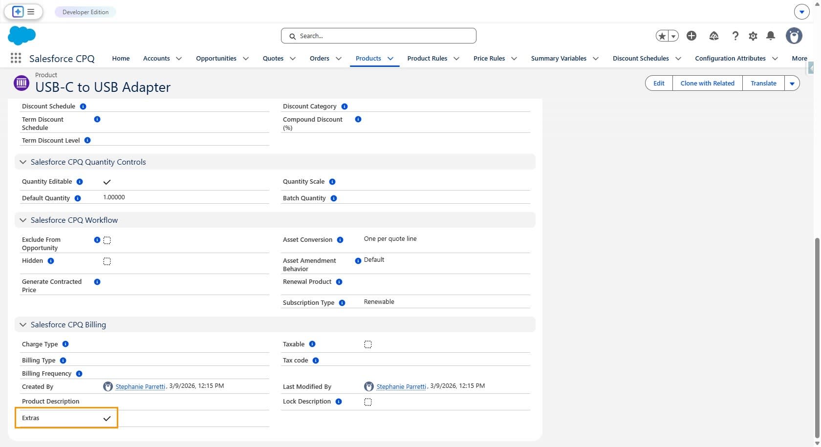 Products tab with Extras__c highlighted for a product