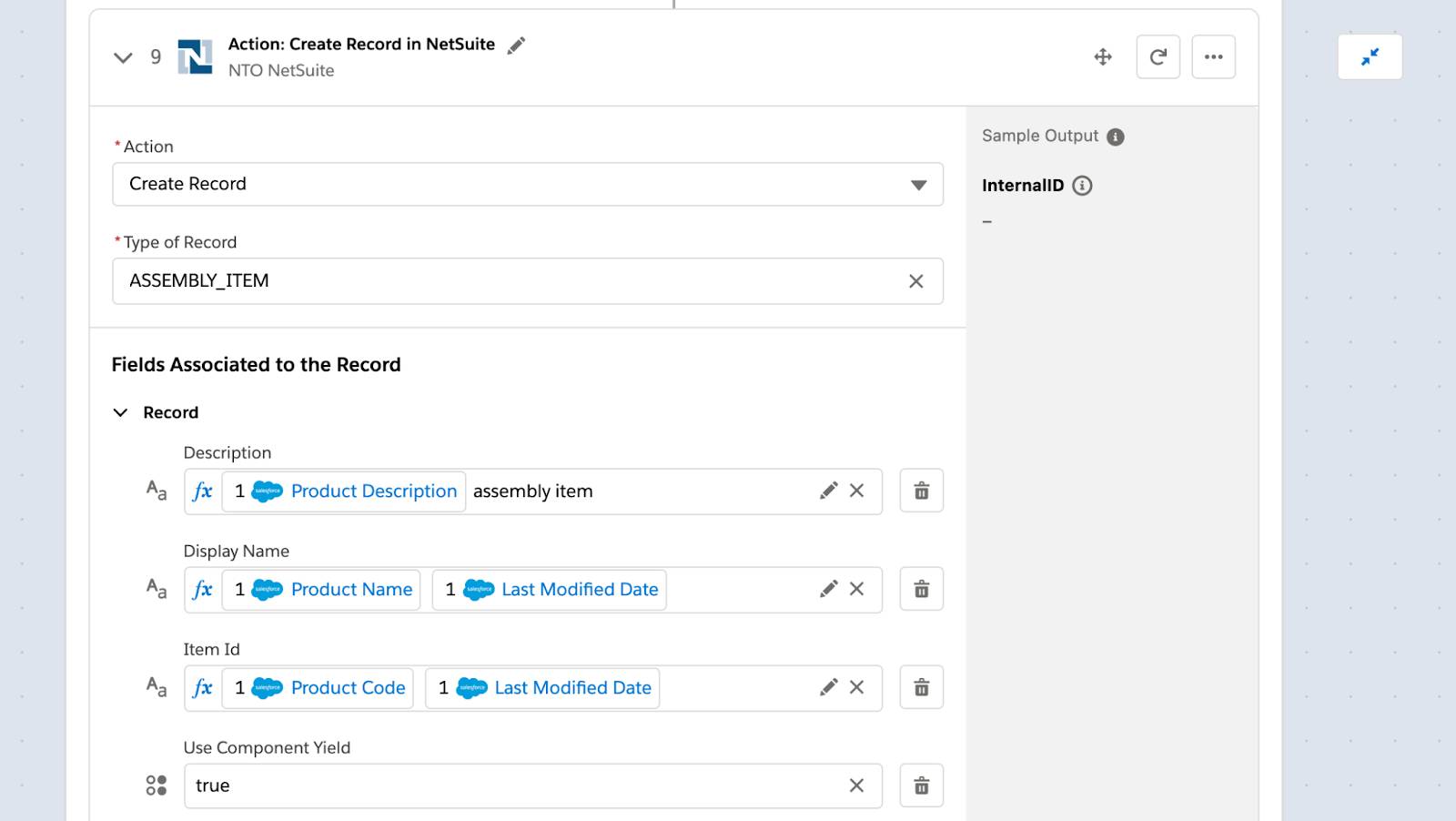 Step 9 of flow within For Each block to create a NetSuite assembly item with fields such as description, display name, and item id.