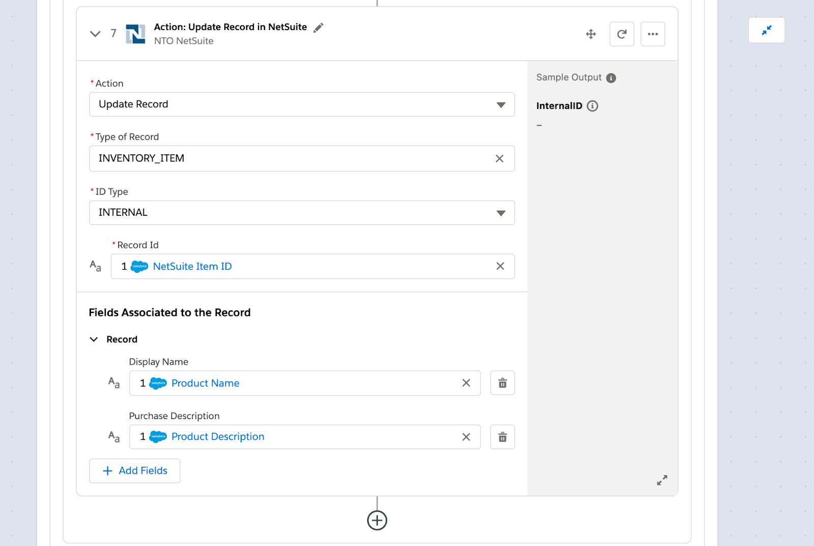 表示名や購入説明などの項目を使用して NetSuite の在庫品目を更新する Else ブランチ内のフローのステップ 7。