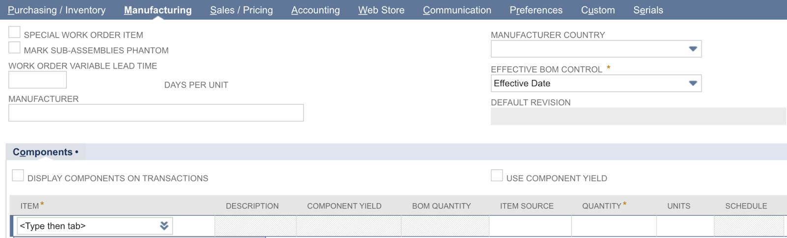 [Components (部品)] セクションが表示されている [Assembly/Bill of Materials (アセンブリ/部品表)] フォームの [Manufacturing (製造)] タブ。