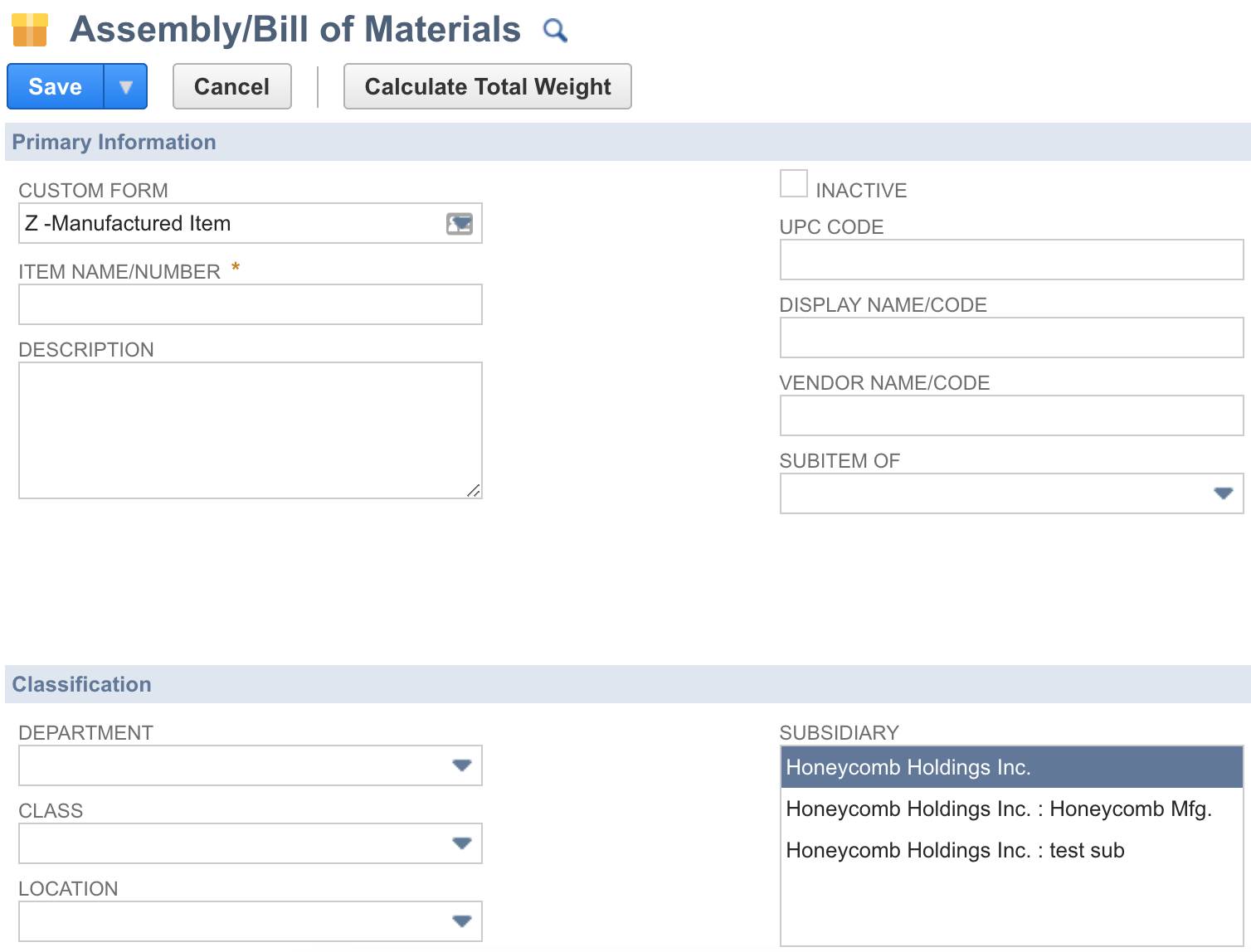 [Subsidiary (関連子会社)] 項目が表示されている [Assembly/Bill of Materials (アセンブリ/部品表)] フォーム。