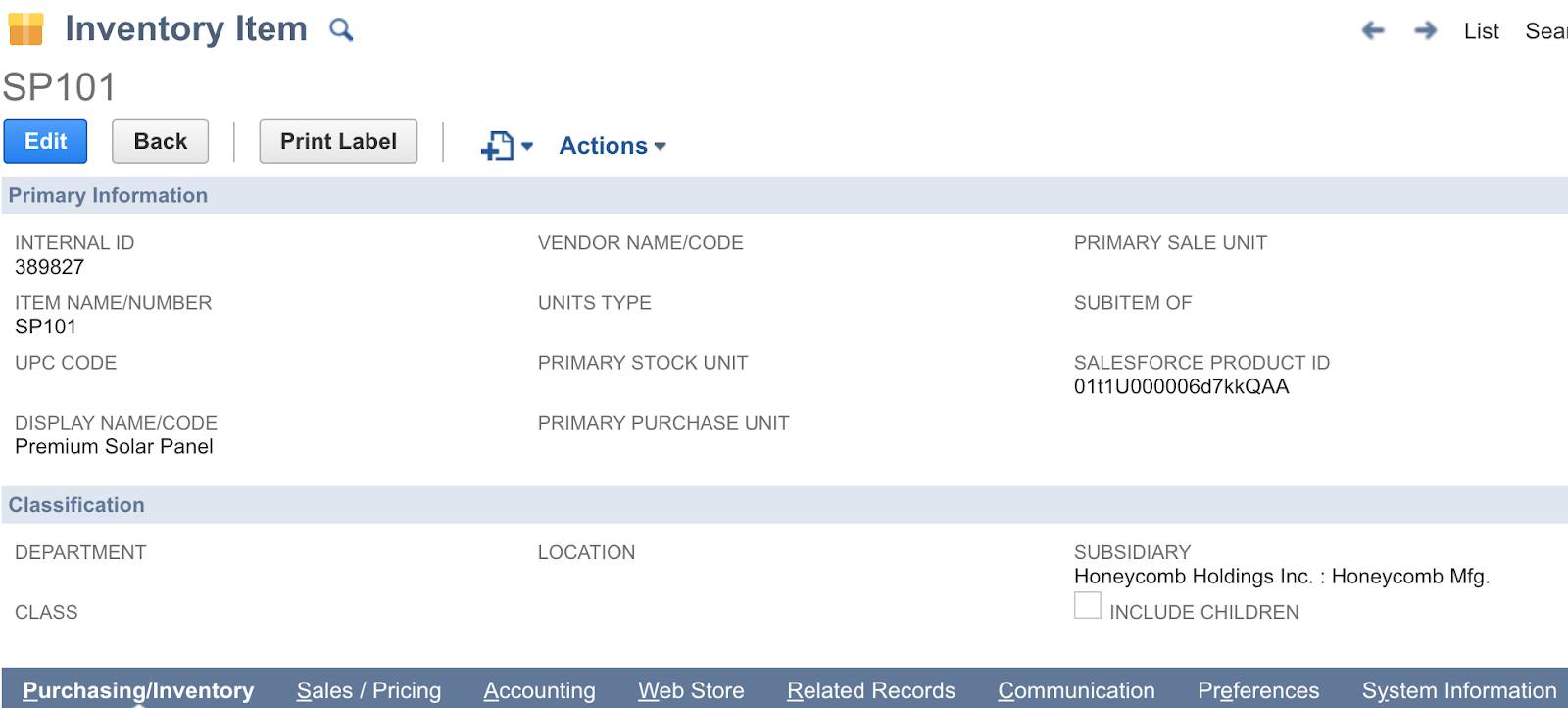 Salesforce 商品 ID と関連子会社が表示されている Premium Solar Panel (プレミアムソーラーパネル)。