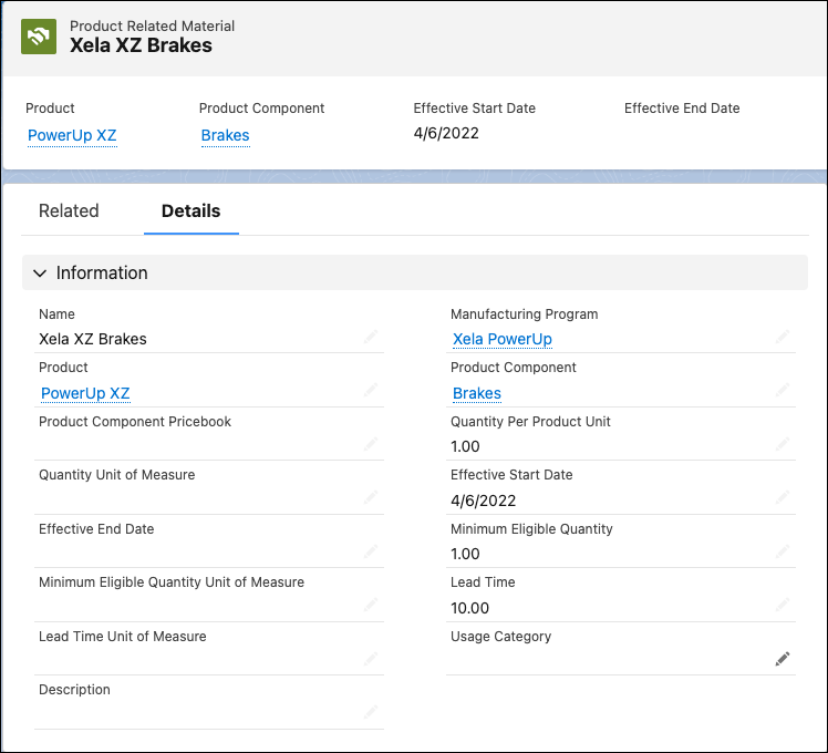 PowerUp XZ 商品と Brakes (ブレーキ) コンポーネントを関連付ける商品関連資材レコード。