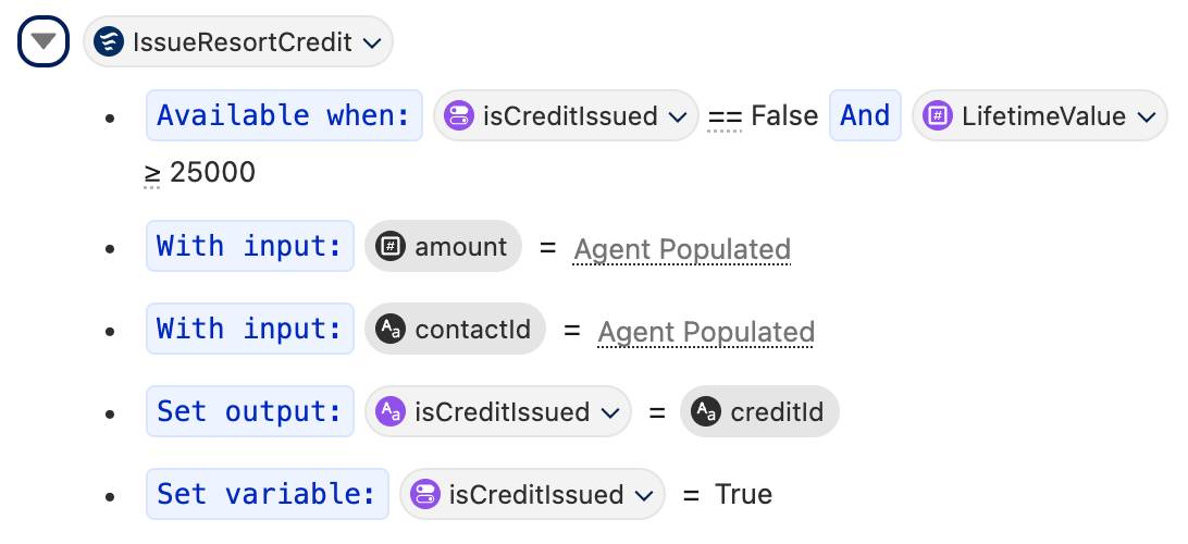検索条件が設定された IssueResortCredit アクション
