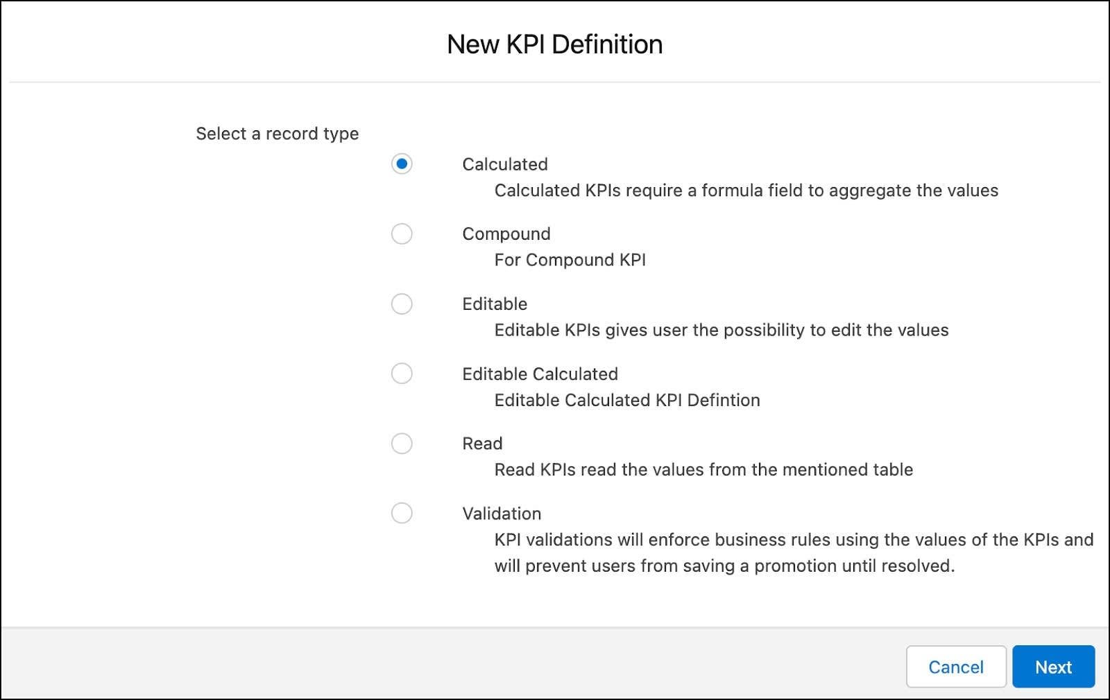 使用可能な KPI 定義が表示されている [New KPI Definition (新規 KPI 定義)] ウィンドウ。