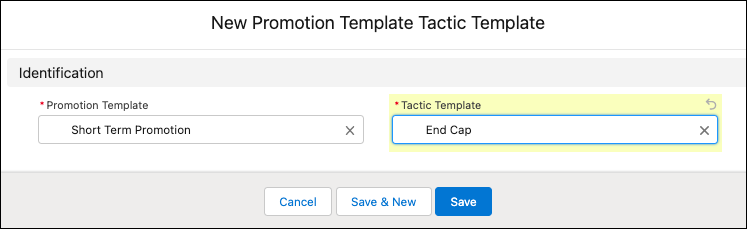 プロモーションテンプレートに戦略テンプレートを追加するためのオプションが表示されている [New Promotion Template Tactic Template (新規プロモーションテンプレートの戦略テンプレート)] ウィンドウ。