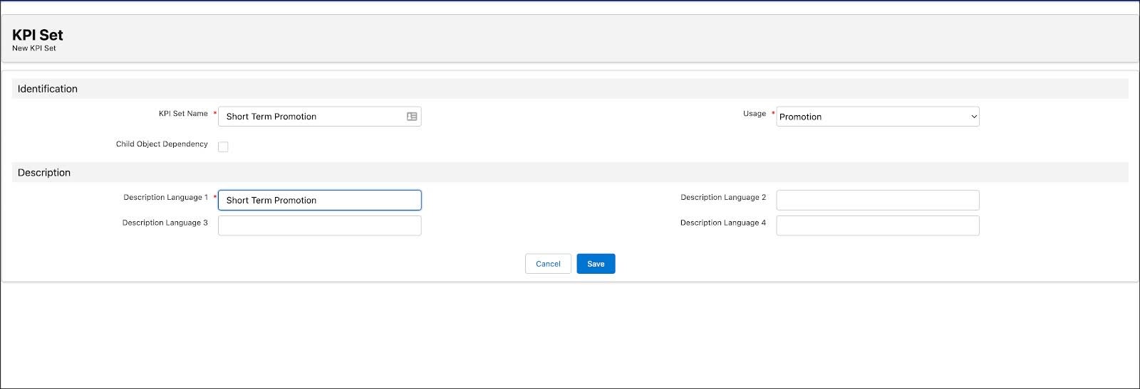 KPI セットを作成するためのオプションが表示されている [New KPI Set (新規 KPI セット)] ページ。