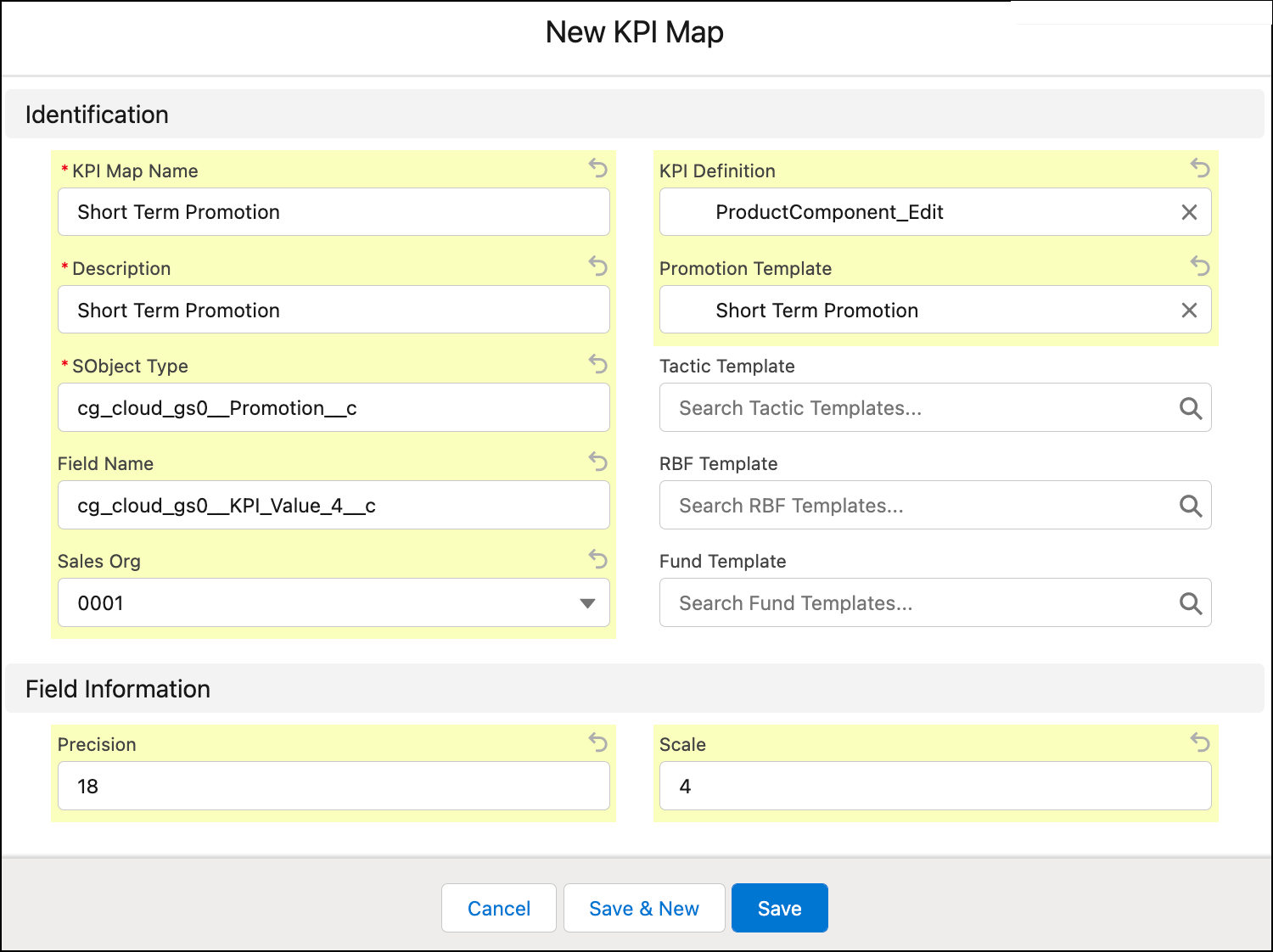 KPI の対応付けを作成するためのオプションが表示されている [New KPI Map (新規 KPI の対応付け)] ウィンドウ。