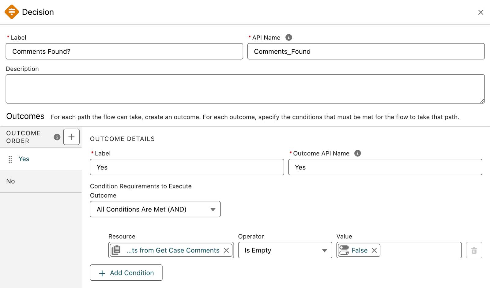 The Decision element’s configuration corresponding to the preceding instructions.
