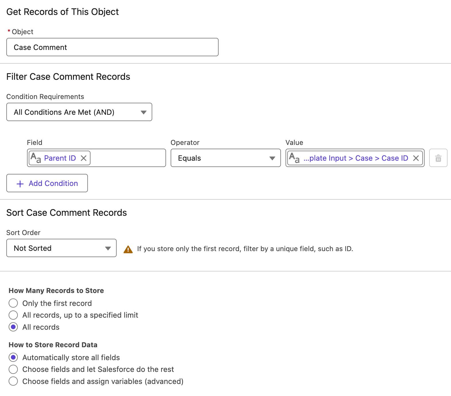 Panneau de configuration de l’élément Get Records (Obtenir des enregistrements) correspondant aux instructions précédentes.