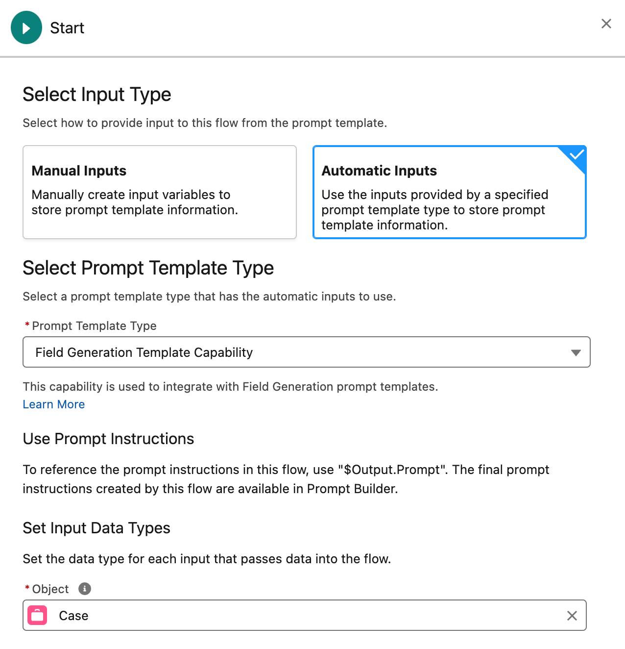 O painel de configuração do elemento Start (Iniciar) correspondente às instruções anteriores.